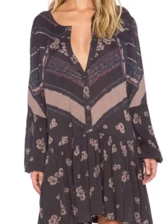 Free People Black Floral Tiered Boho Mini Dress - Picture 2 of 8
